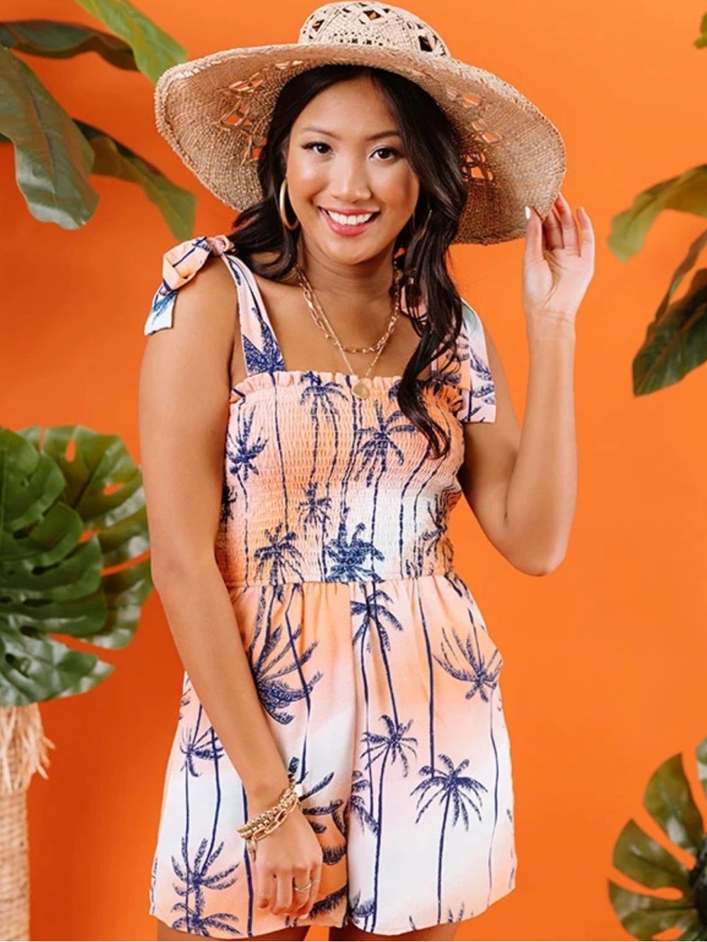 entro Peach & Navy Palm-Print Tie-Strap Romper